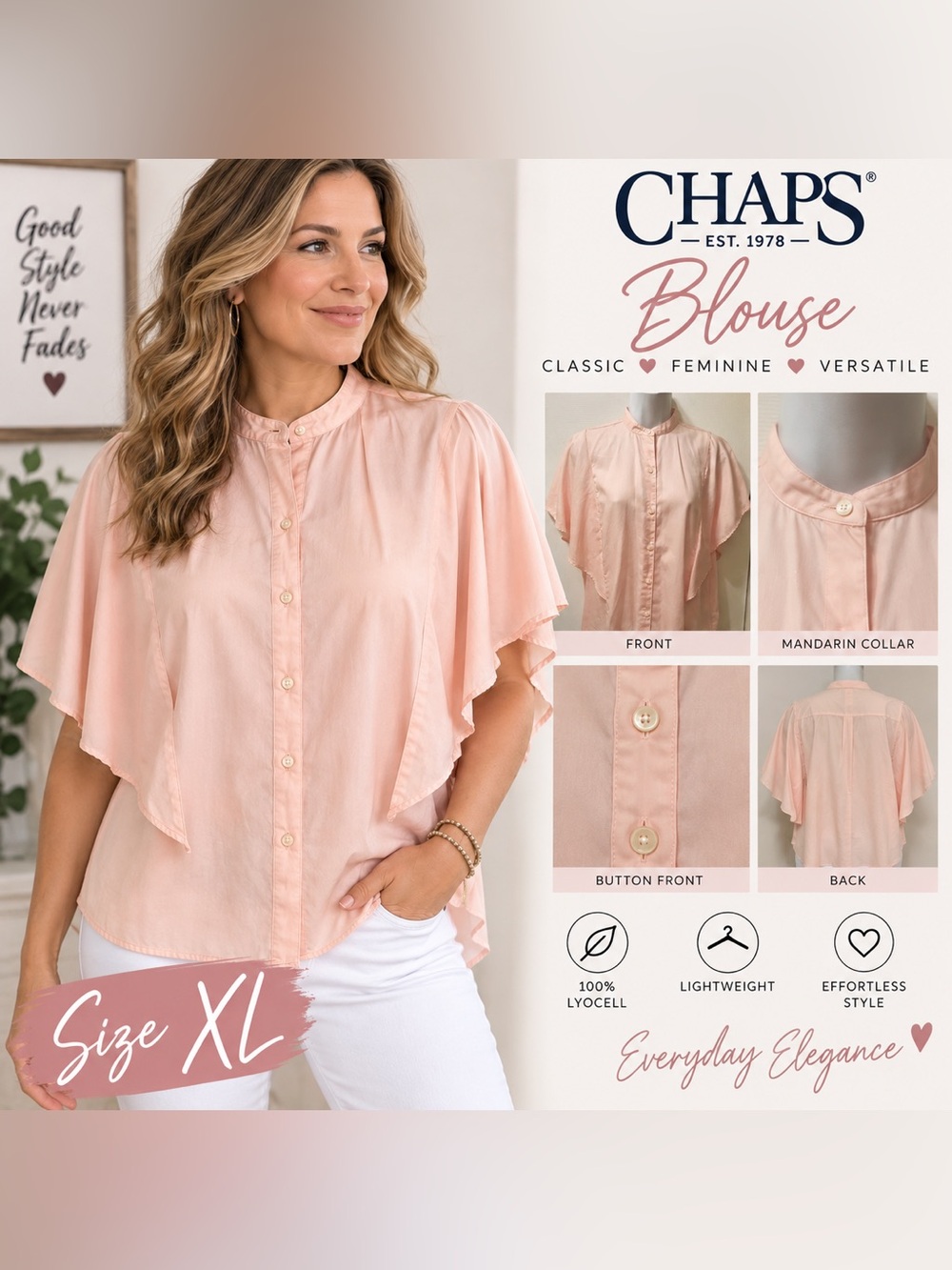 CHAPS BLUSH PINK LYOCELL CAPE SLEEVE BLOUSE • SIZE XL